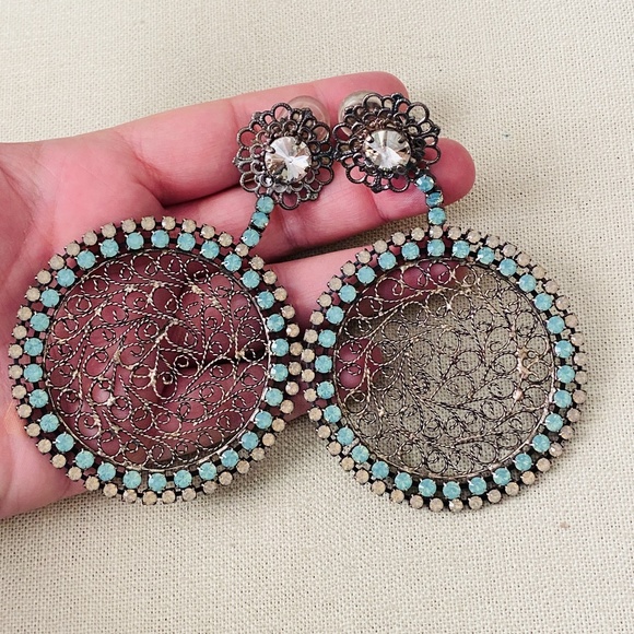 Vintage 1980's NIKOLAS FRANGOS Filigree Rhinestone OVERSIZED Clip On Earrings 4" - Picture 7 of 14